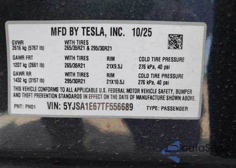 2026 Tesla Model S Plaid из США, поврежденный, VIN 5YJSA1E67TF556689